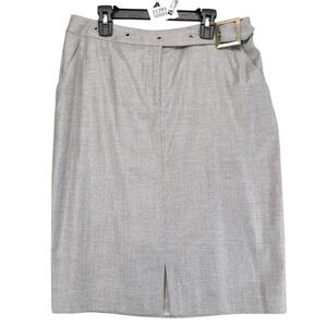 Vintage St. John Gray Straight Knee-Length Skirt Sz 6 Brass Buckle Made USA Chic